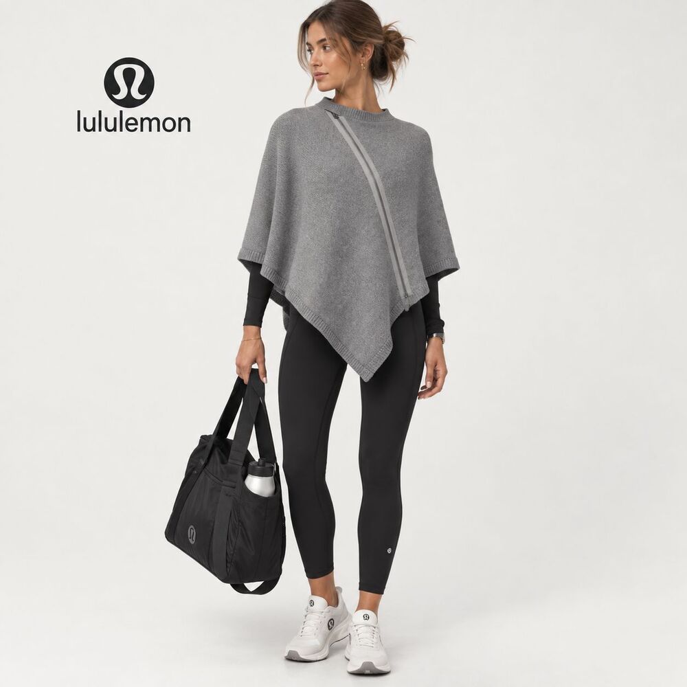 LULULEMON Women's Poncho OS 100% Merino Wool Full Zip Asymmetrical Gray